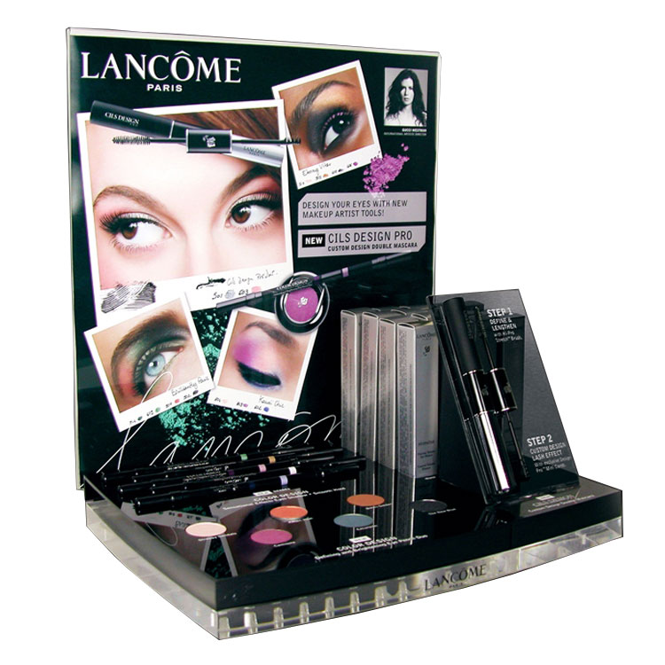 Acrylic cosmetics display for eyebrow pencil and mascara