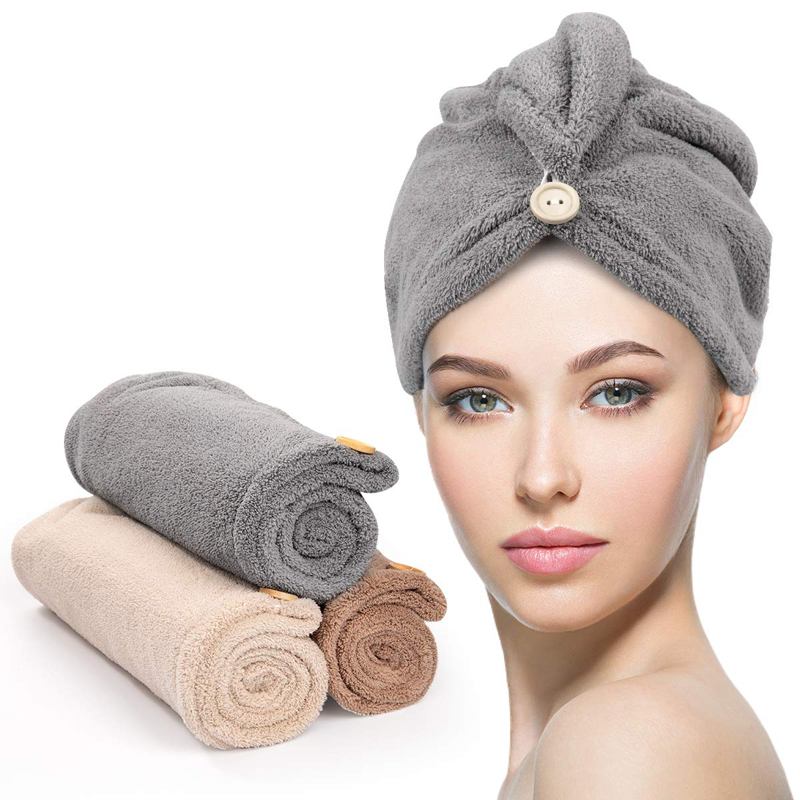 Hair Towel with Button, Super Absorbent Hair Towel Wrap for Curly Hair